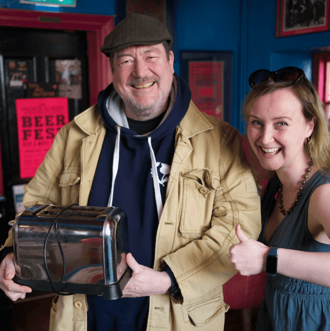 Helen Elliott-Boult with the proud owner of a fully functioning toaster